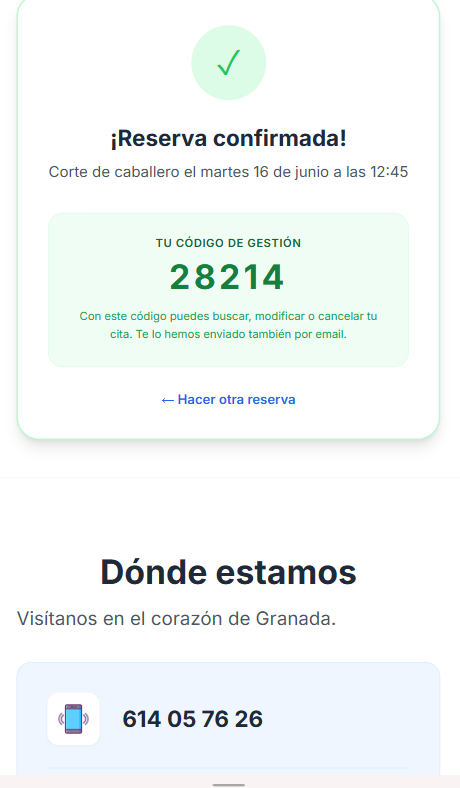 Pantalla de confirmación de reserva del sistema